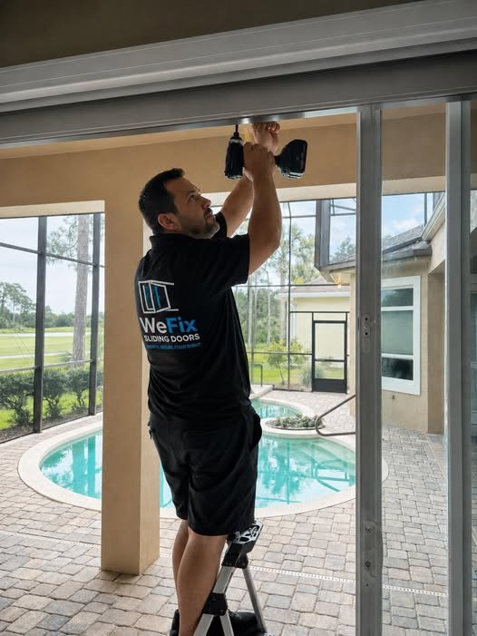 WeFix technician servicing a sliding screen door beside a pool